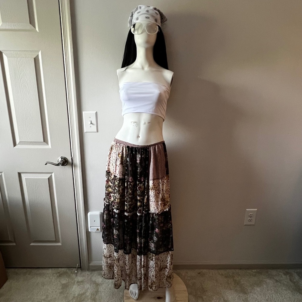 100% Silk Patchwork Floral Tiered Maxi Skirt Boho Romantic Y2K Prairie Festival